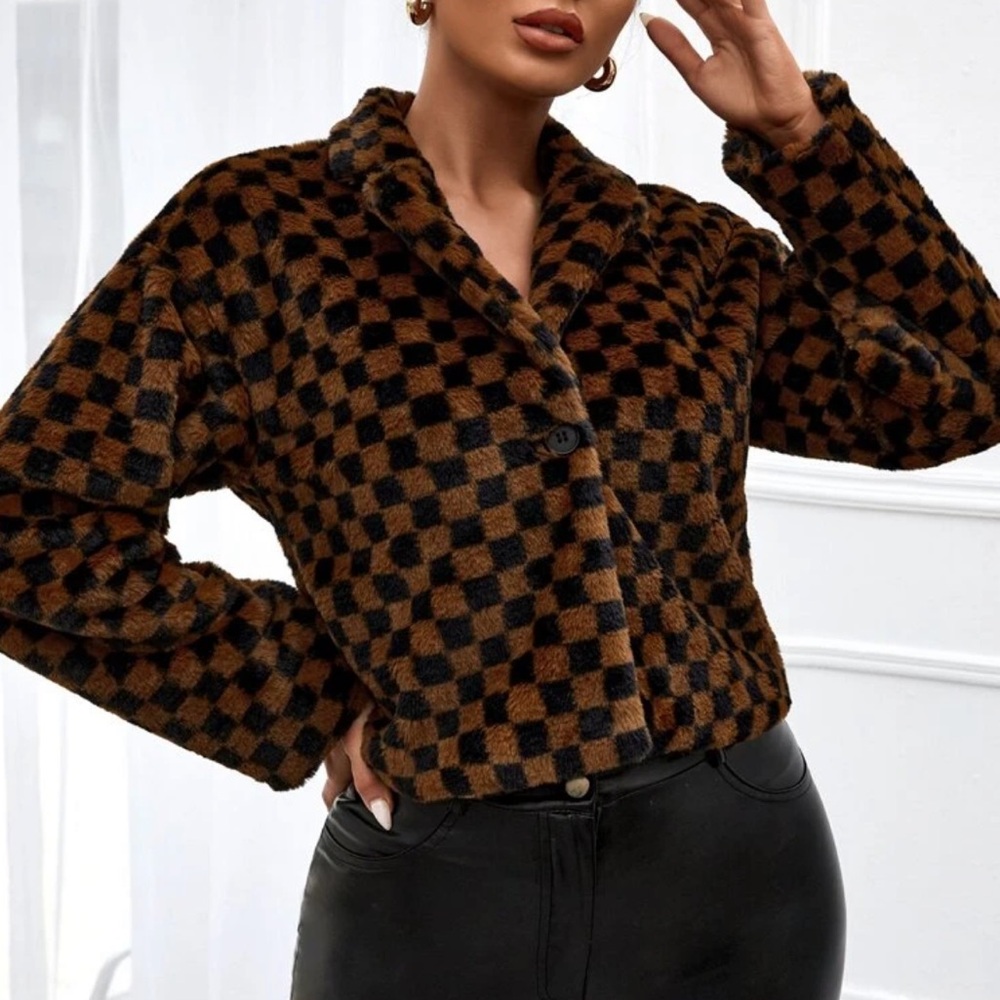 Brown/Black Checkerboard Faux Fur Cropped Jacket